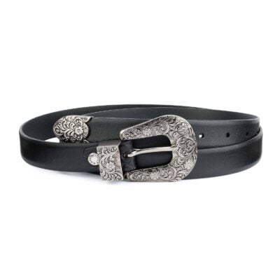 1-Inch-Black-Western-Belt-Womens-Antique-Silver-Buckle-Capo-Pelle