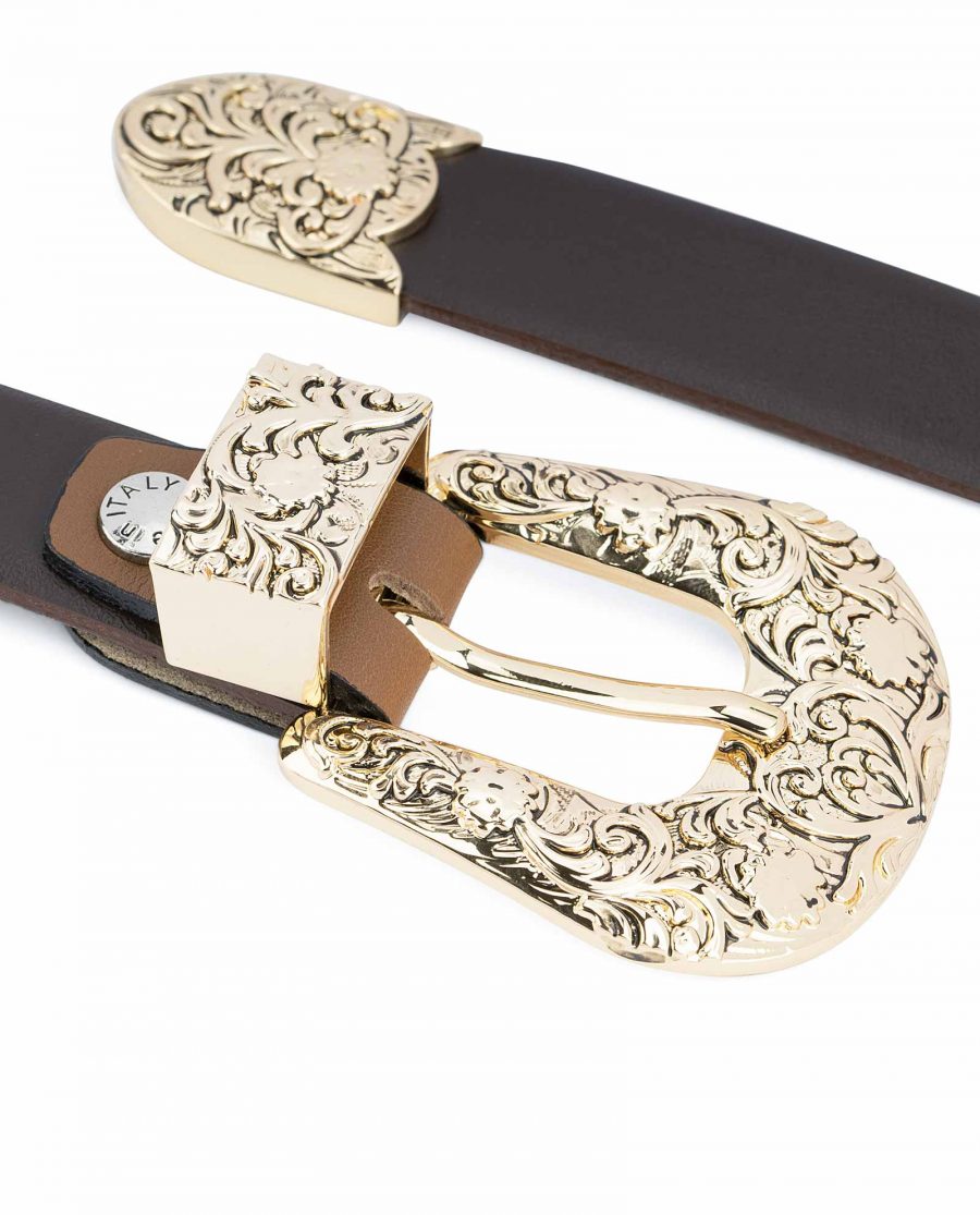 1-Inch-Brown-Western-Belt-Womens-Floral-Gold-Buckle-Engraved