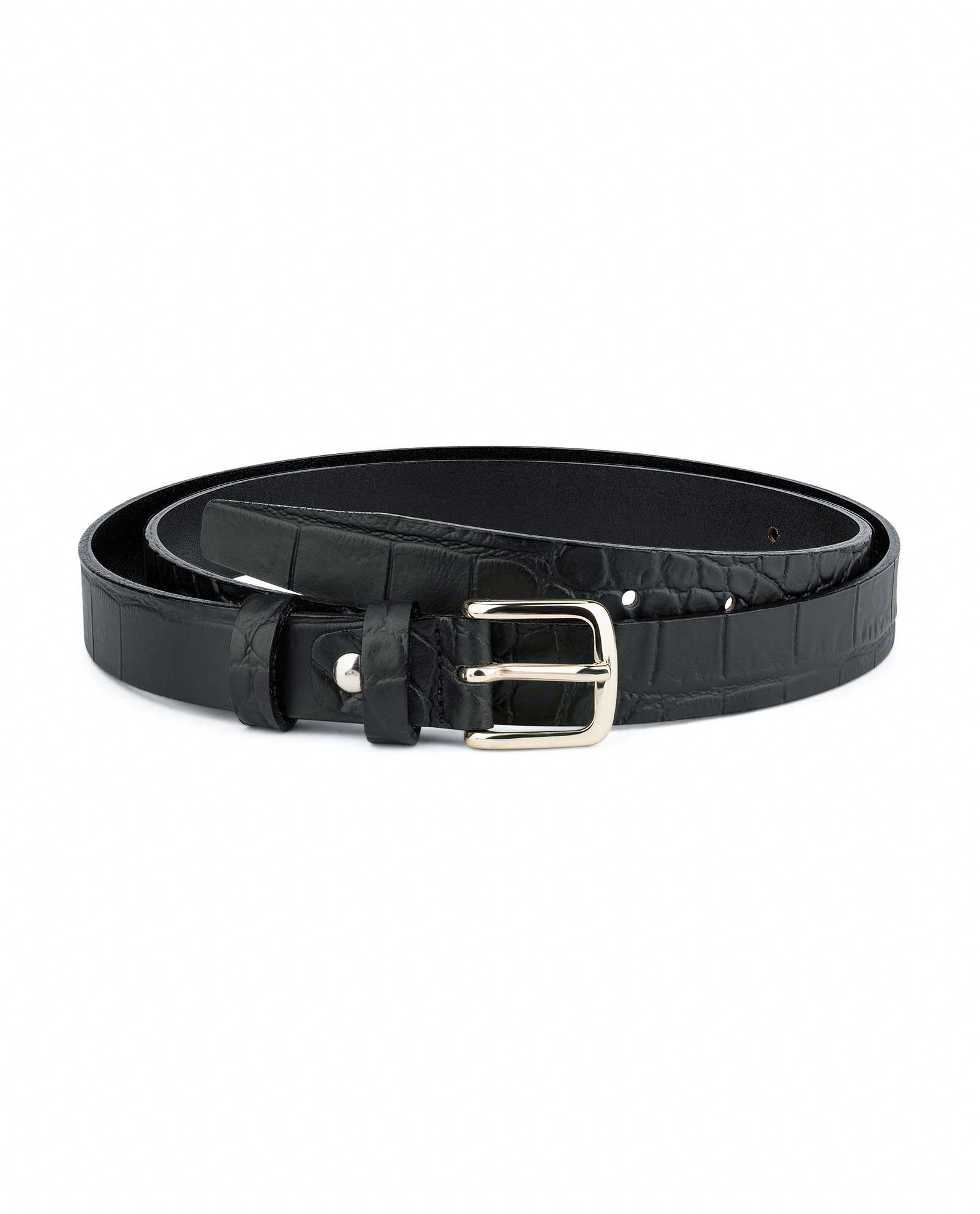 1 inch Mens Leather Belt Black croco embossed 100% Genuine Thin belts ...