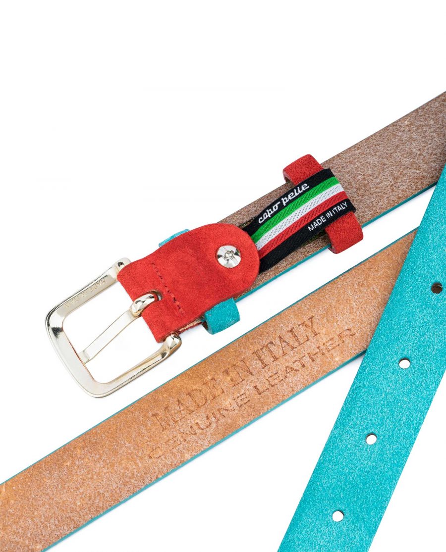 1-inch-Suede-Turquoise-Leather-Belt-with-Red-Heat-stamp