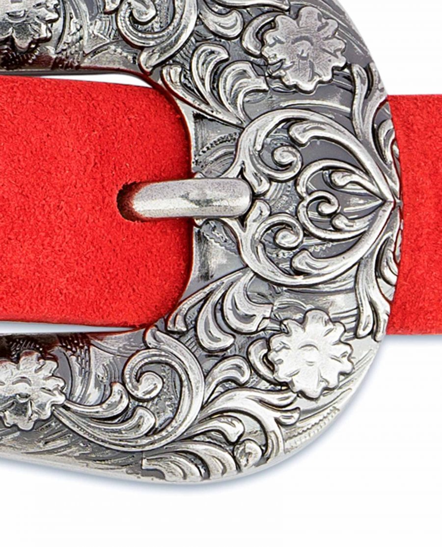 1-inch-Western-Belt-Womens-Red-Suede-Leather-Floral-engrave