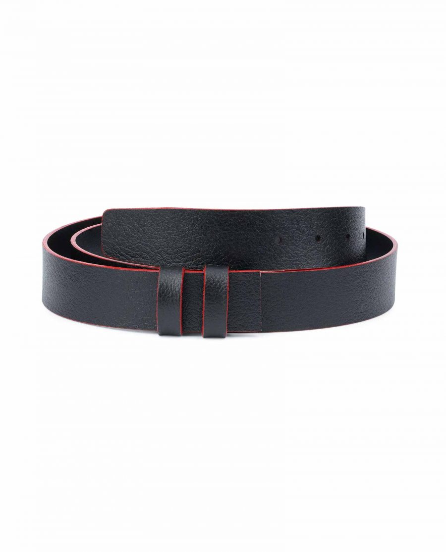 Black-Leather-Belt-No-Buckle-Red-Edges-1-3-8-inch-Replacement-strap