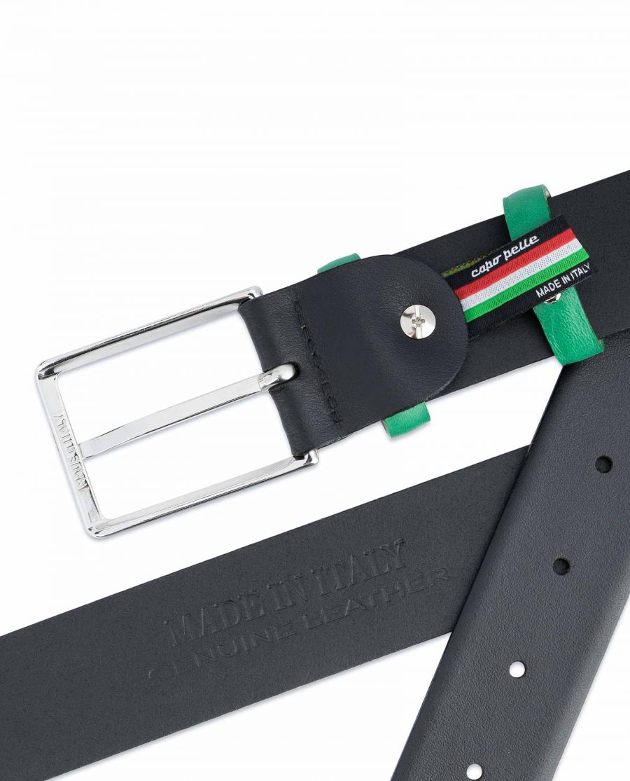 Black-Mens-Belt-with-Green-Leather-Loops-Hot-stamp