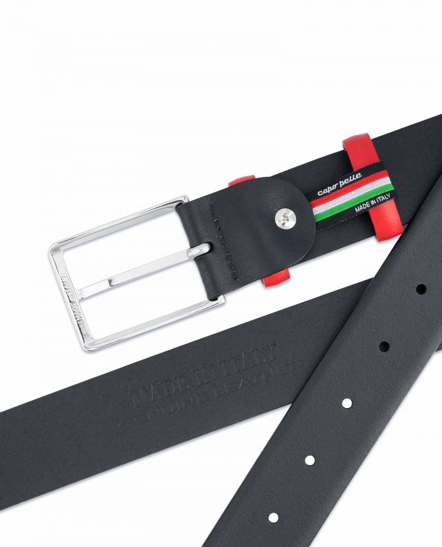 Black-Mens-Belt-with-Red-Leather-Loops-Heat-stamp
