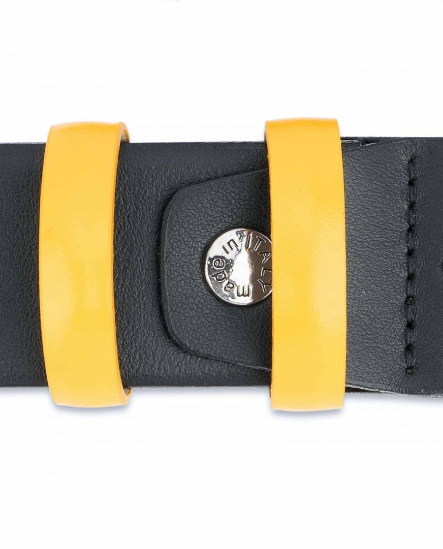 Black-Mens-Belt-with-Yellow-Leather-Loops-Screw-bolt