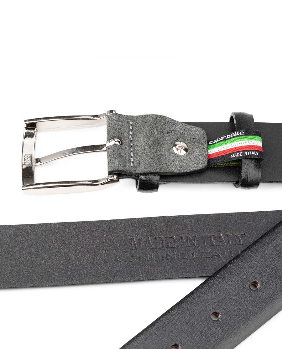 Black-Smooth-Leather-Belt-with-Custom-Buckle-Gray-Suede-Mens-by-Capo-Pelle-Heat-stamp
