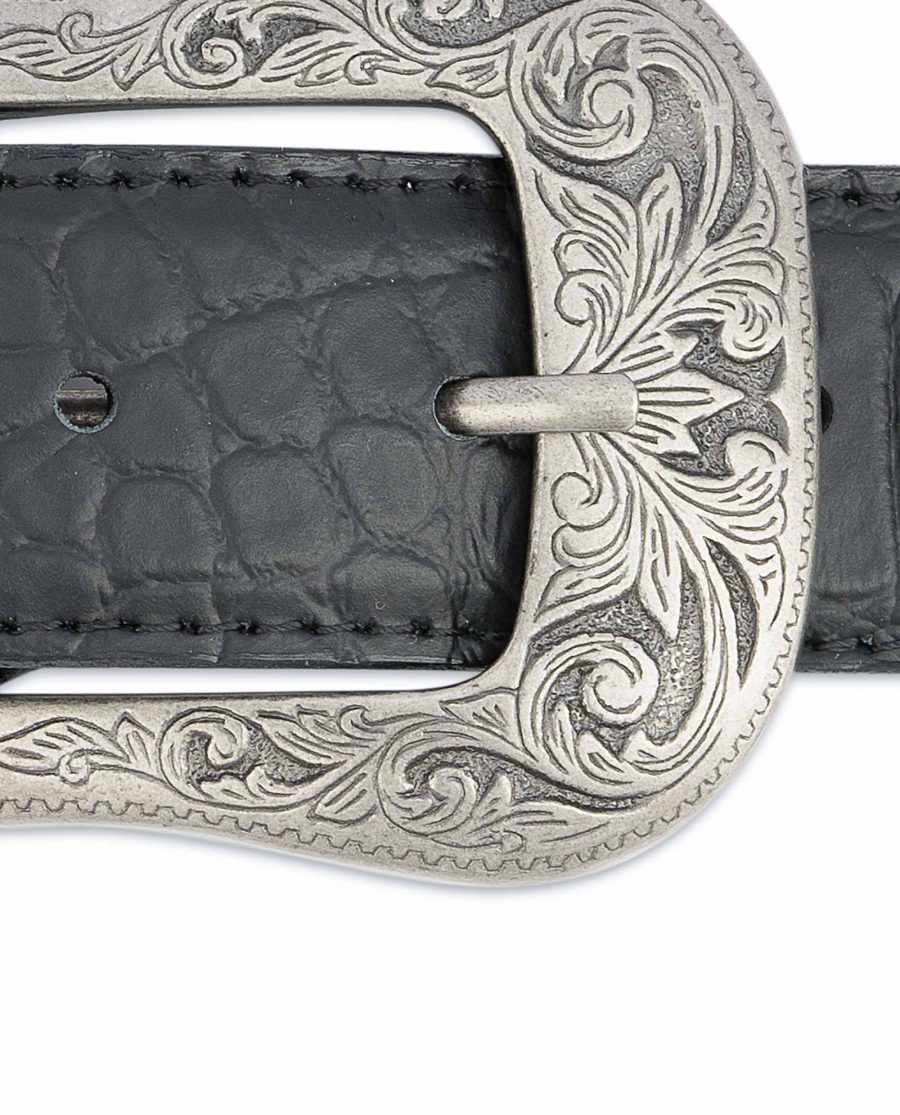 Black-Western-Belt-Mens-Crocodile-Embossed-Leather-Antique-silver-buckle