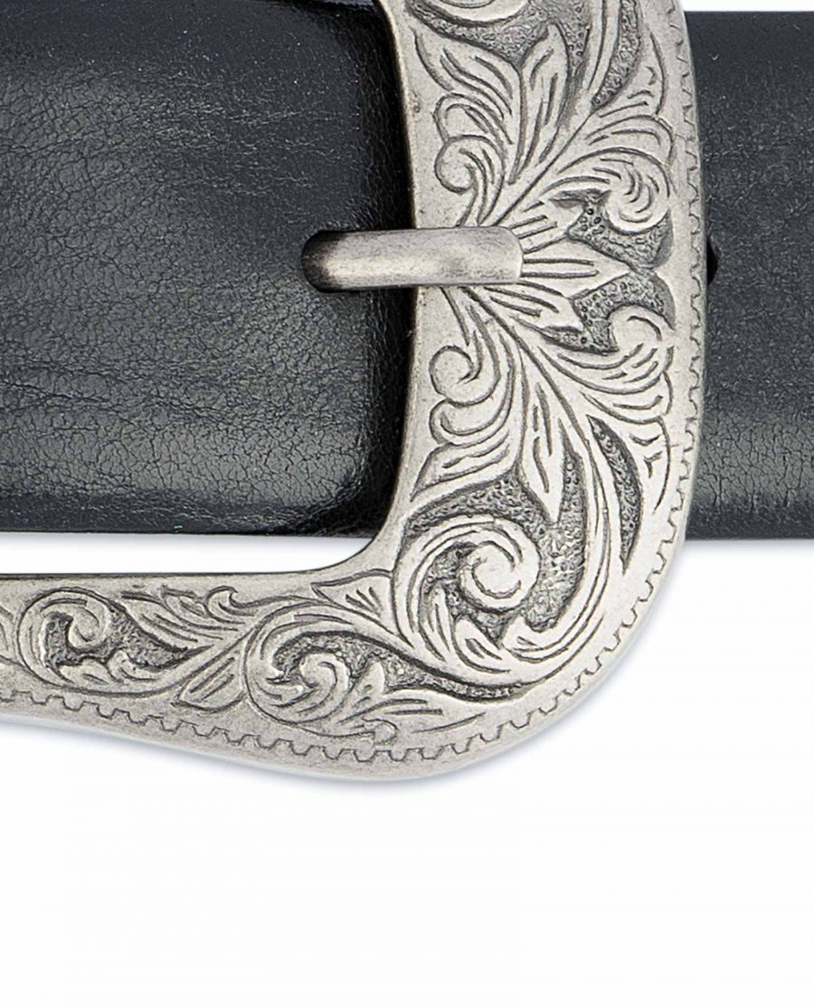 Black-Western-Belt-Mens-Veg-Tan-Leather-Floral-engrave-buckle