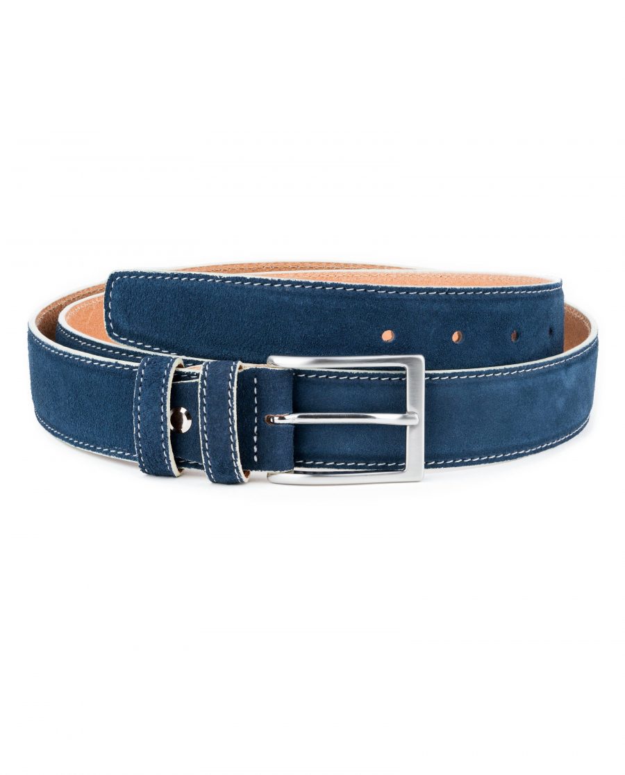 Blue-Suede-Belt-with-White-Feather-Edges-Capo-Pelle-Genuine-Leather-First-picture
