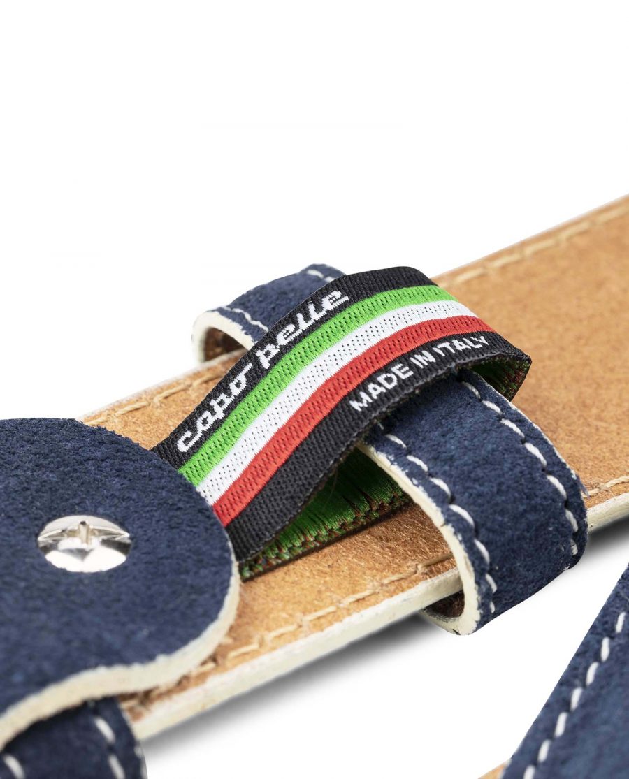 Blue-Suede-Belt-with-White-Feather-Edges-Capo-Pelle-Genuine-Leather-Made-in-Italy