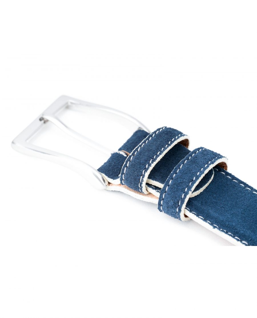 Blue-Suede-Belt-with-White-Feather-Edges-Capo-Pelle-Genuine-Leather-White-Stitching