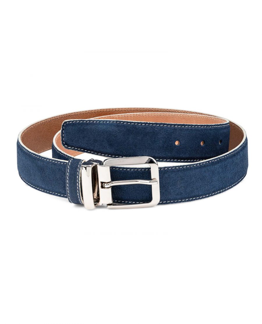 Blue-Suede-Belt-with-White-Feather-edges-Italian-Buckle-Main-image