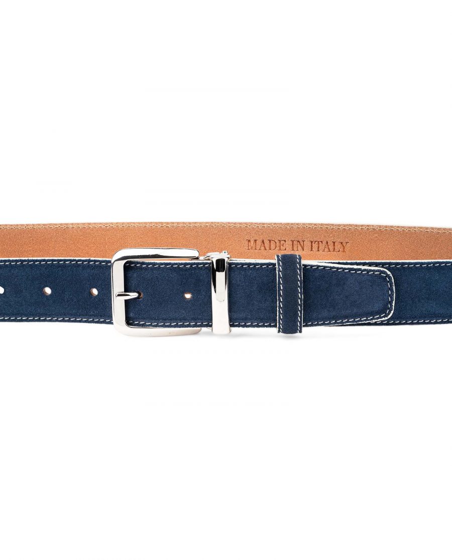 Blue-Suede-Belt-with-White-Feather-edges-Italian-Buckle-On-pants