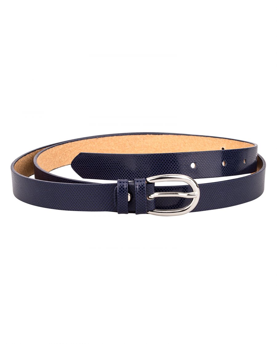 Dark-Blue-Snake-Emboss-Skinny-Leather-Belt-Front-Image