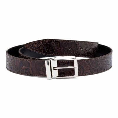 Flower-Embossed-Jeans-Leather-Belt-Italian-buckle