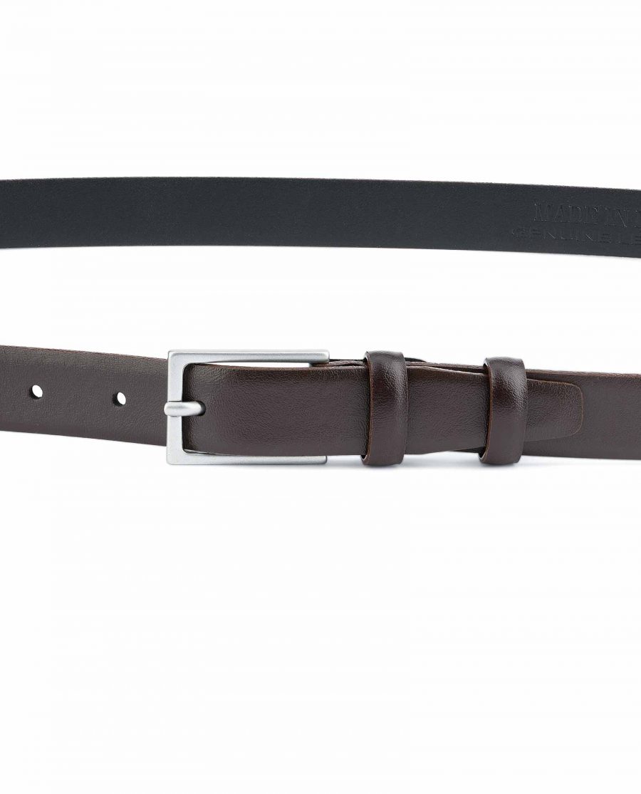 Mens-Brown-Leather-Belt-Narrow-1-inch-Silver-color-buckle