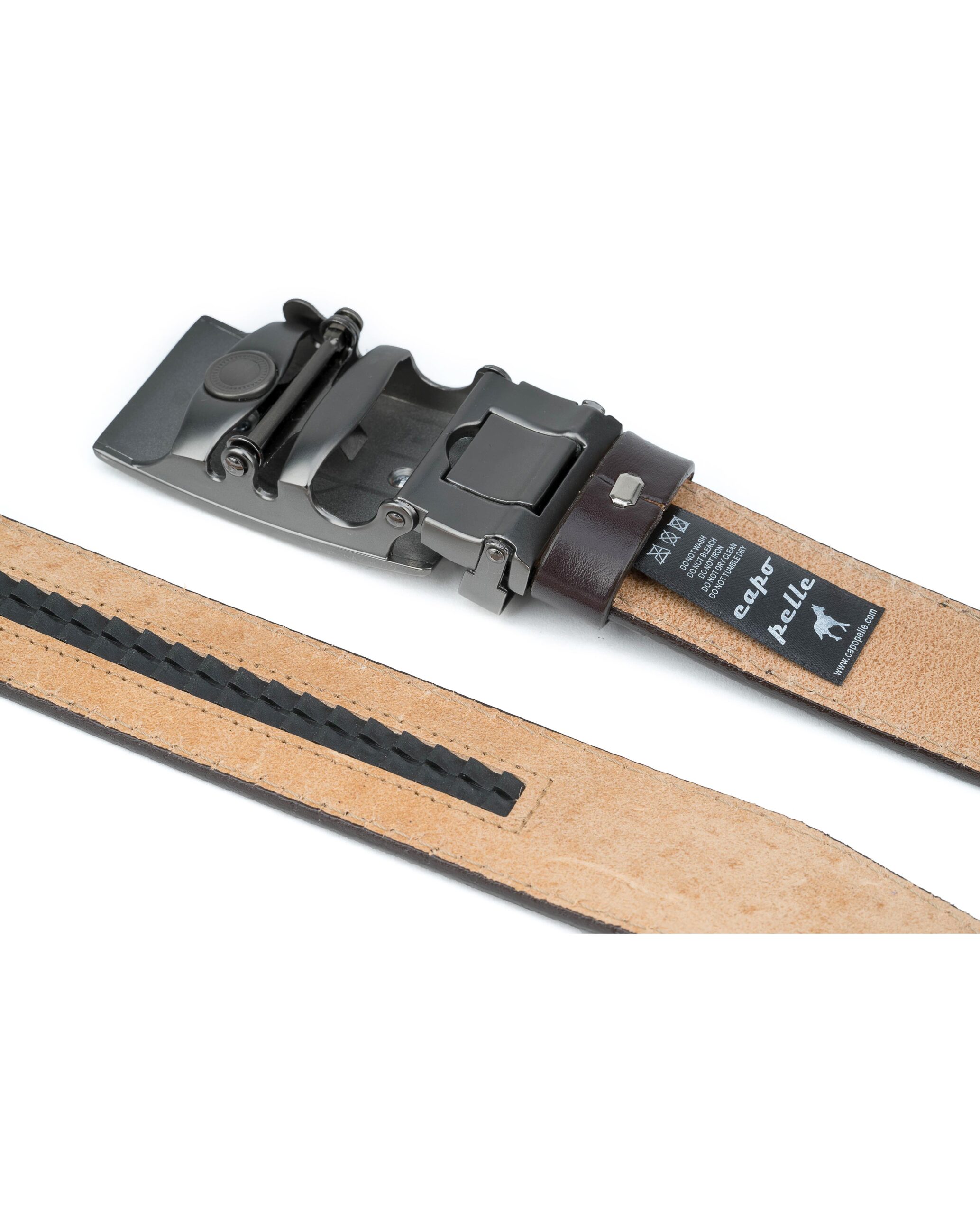 Mens-Brown-Leather-Ratchet-Belt-Gunmetal-Automatic-Buckle-By-Capo-Pelle-Reverse-and-Tags-1