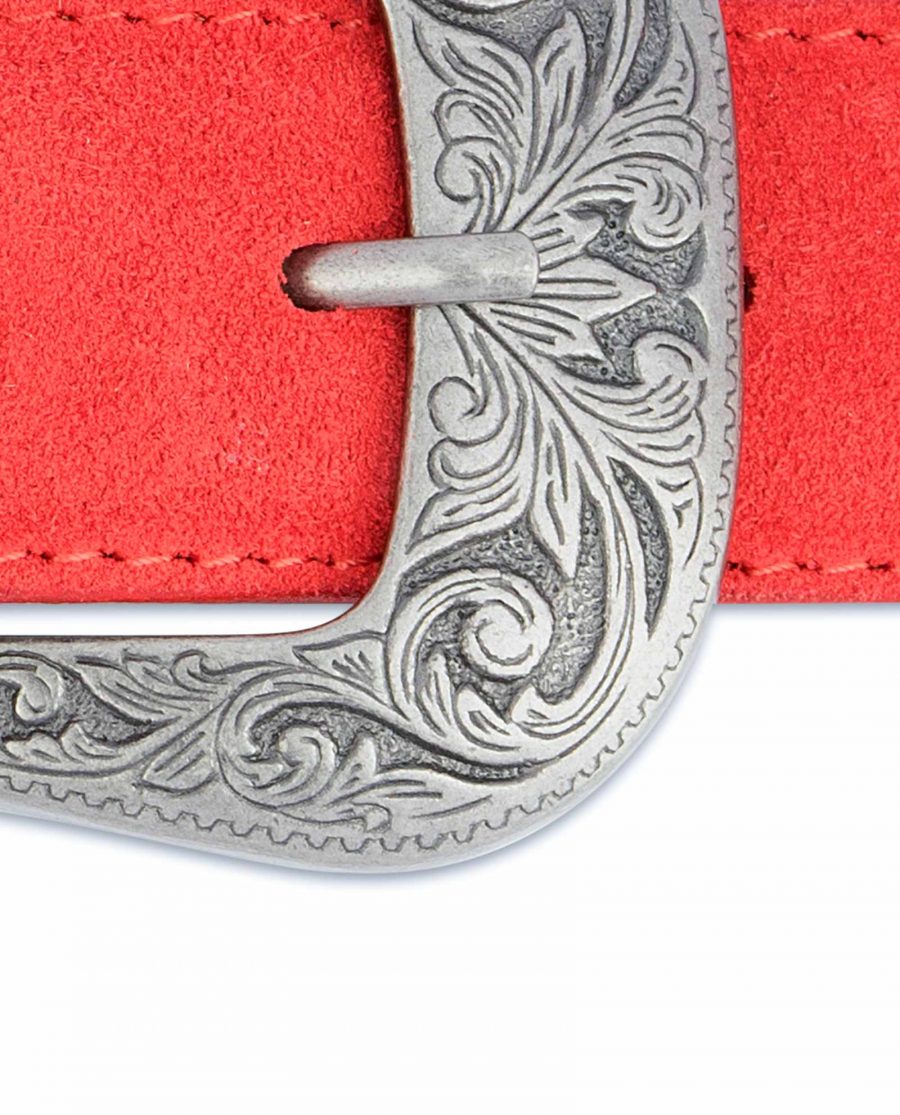 Red-Western-Belt-Italian-Suede-Leather-Floral-engrave-buckle
