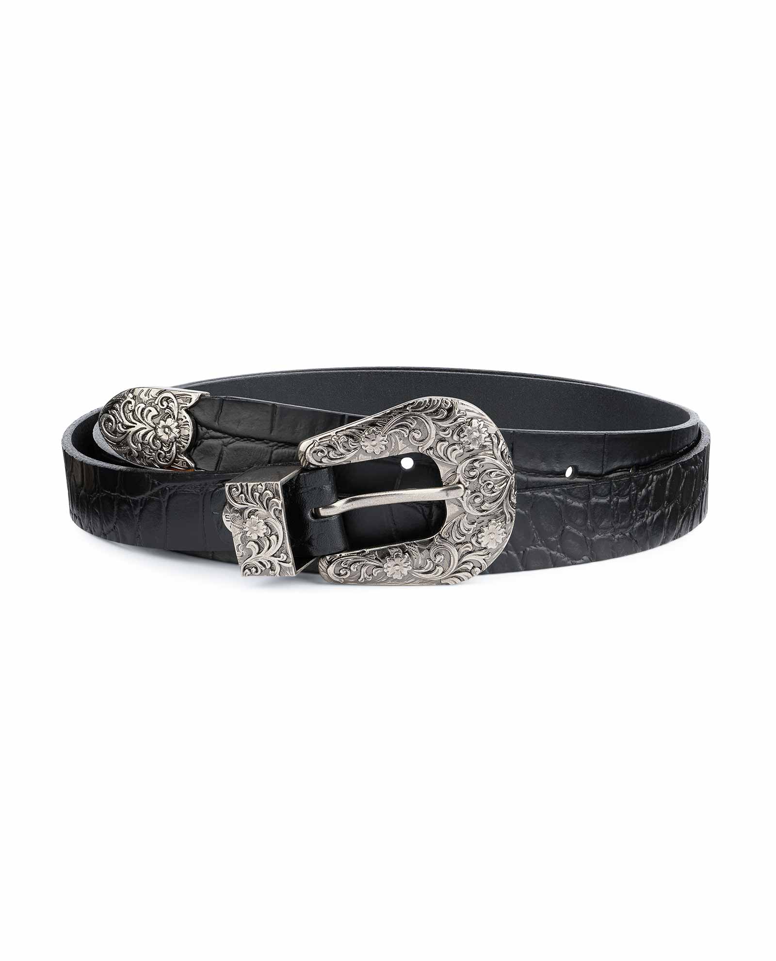 MALE BUCKLE THIN BELT IN CROCODILE-EMBOSSED LEATHER