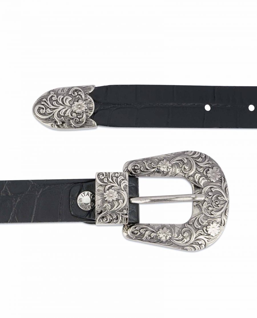 Thin-Black-1-inch-Western-Belt-Crocodile-Embossed-Leather-Heavy-solid-buckle