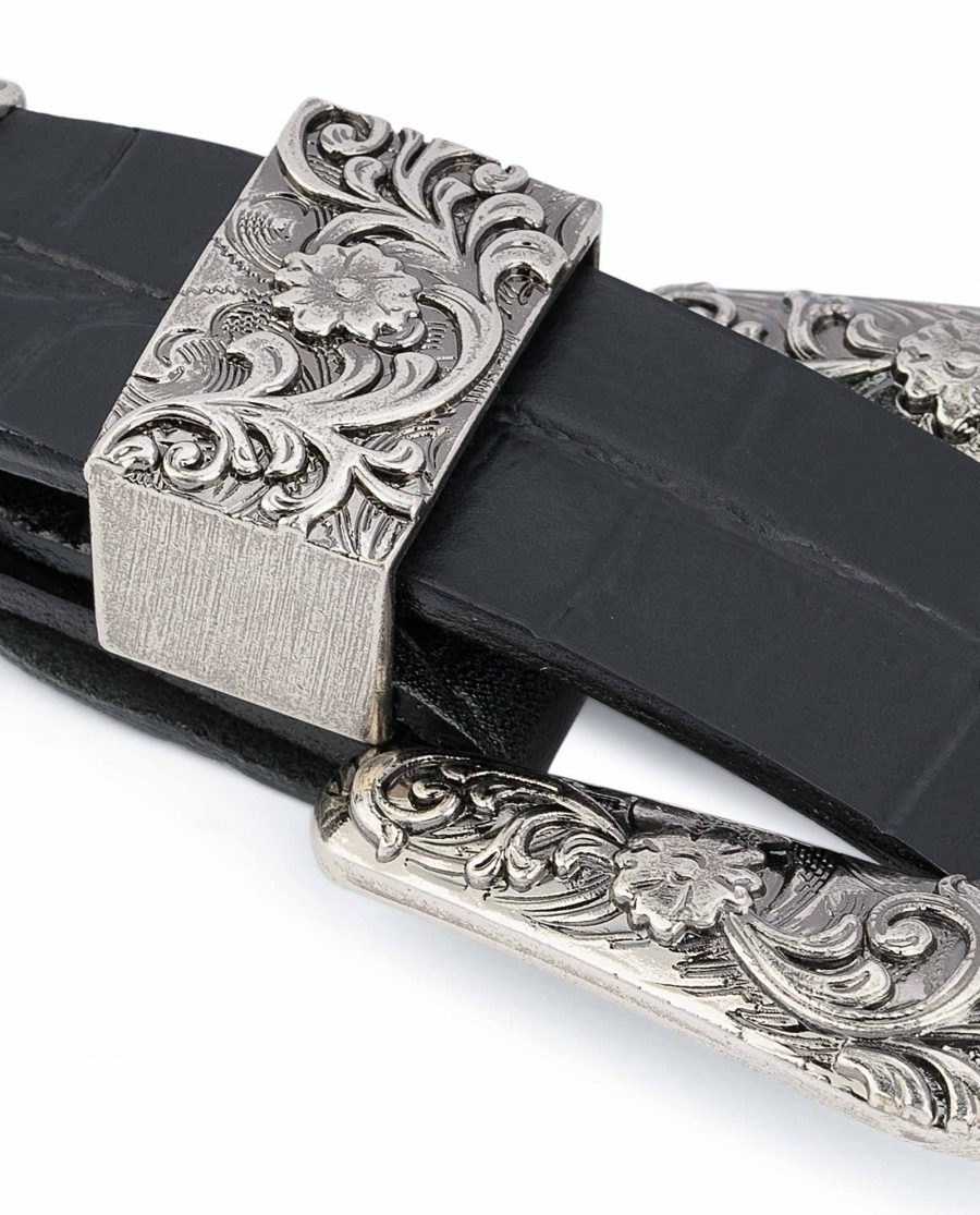 Thin-Black-1-inch-Western-Belt-Crocodile-Embossed-Leather-Metal-loop