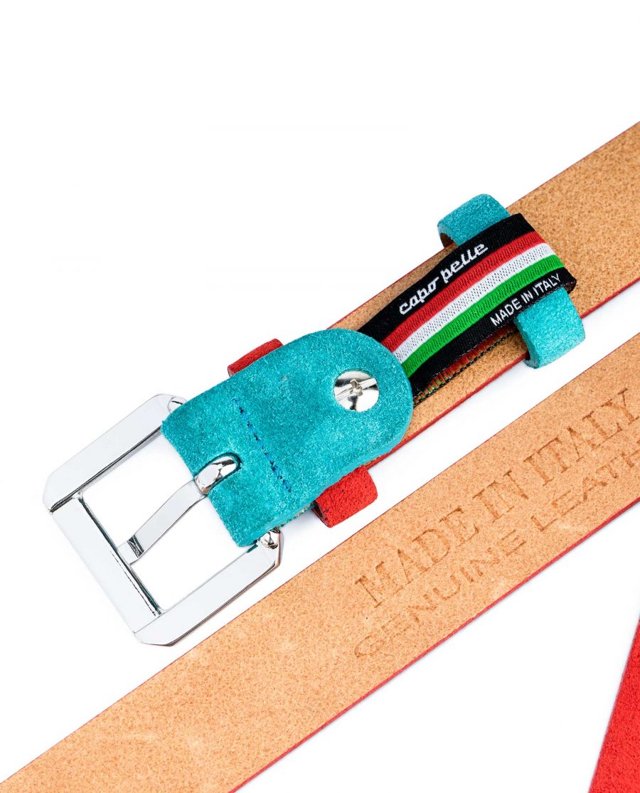 Thin-Red-Suede-Belt-with-Turqouise-Capo-Pelle-Heat-stamp