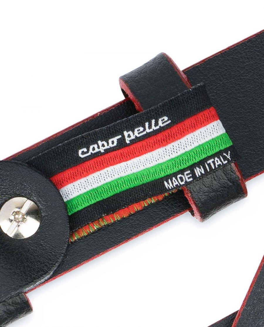 Thin-Mens-Belt-Black-leather-Red-edges-Woven-tag