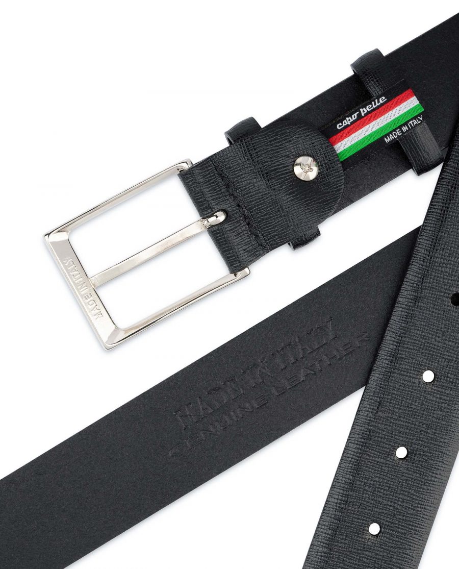 Black-Mens-Dress-Belt-Saffiano-Leather-Hot-stamp
