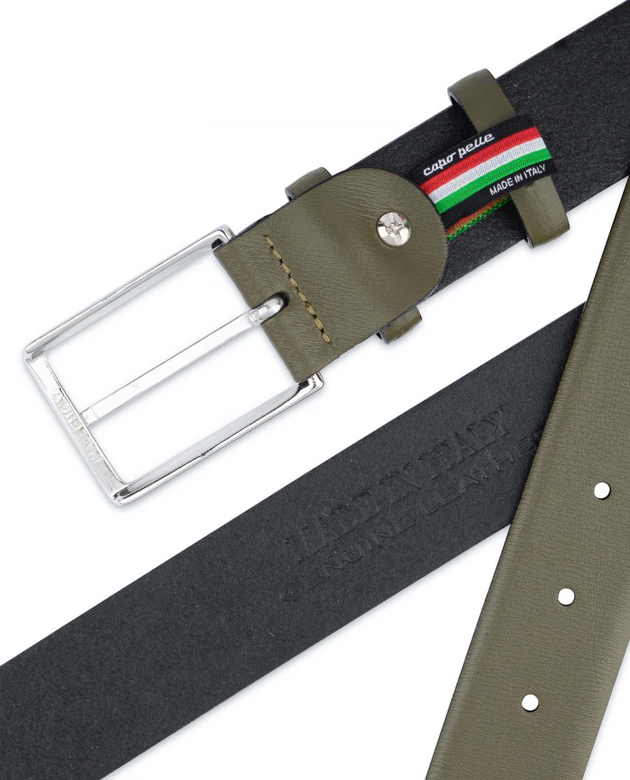 Mens-Green-Belt-Olive-Leather-1-3-8-inch-Heat-stamp