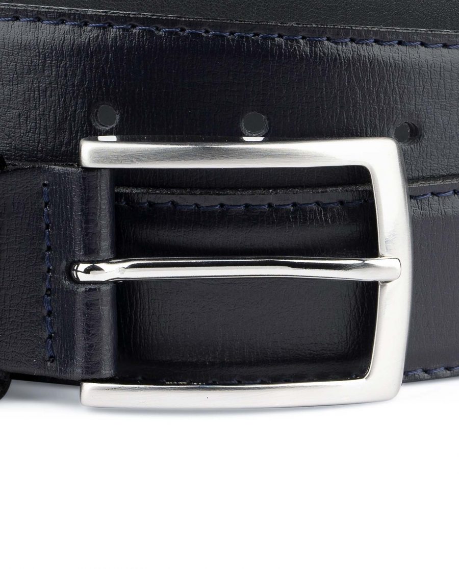 Mens-Navy-Blue-Belt-Genuine-Leather-Silver-nickel-buckle