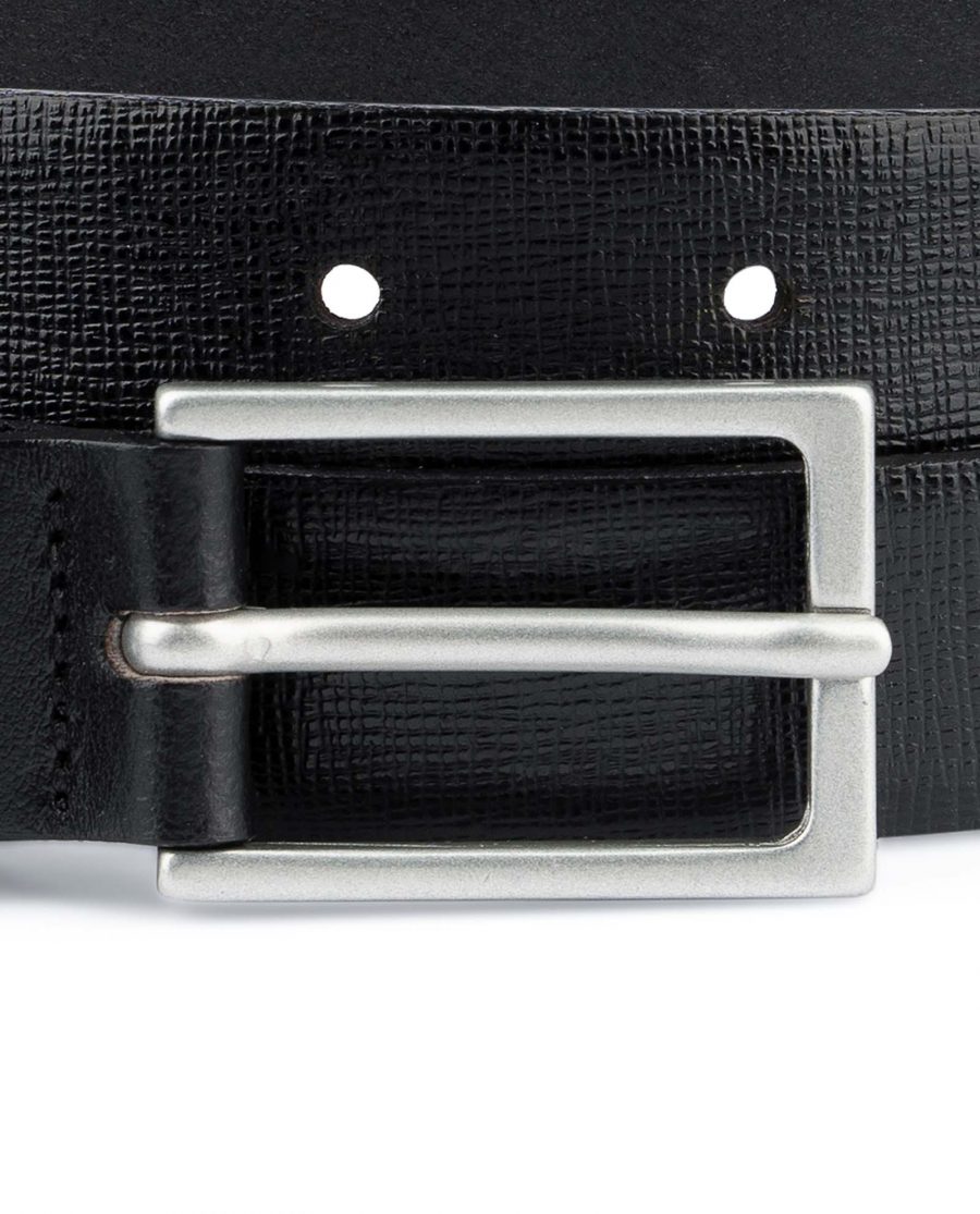 Saffiano-Mens-Black-Leather-Belt-Thin-1-inch-Silver-matte-buckle