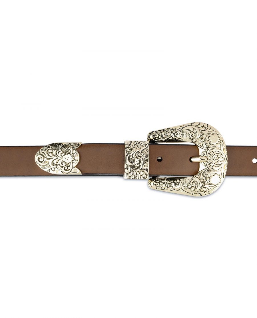 Brown Western Belt For Women With Gold Buckle On dress