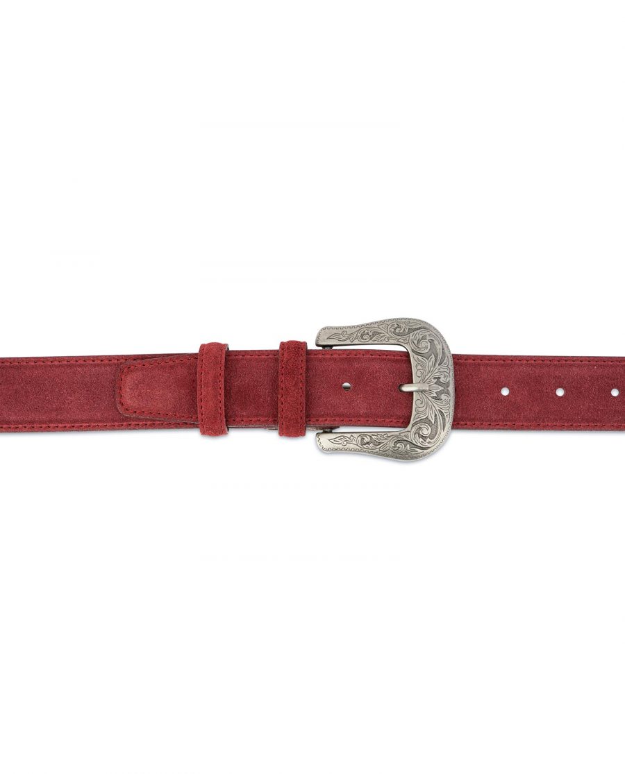 Burgundy Suede Western Belt For Men With Buckle On pants