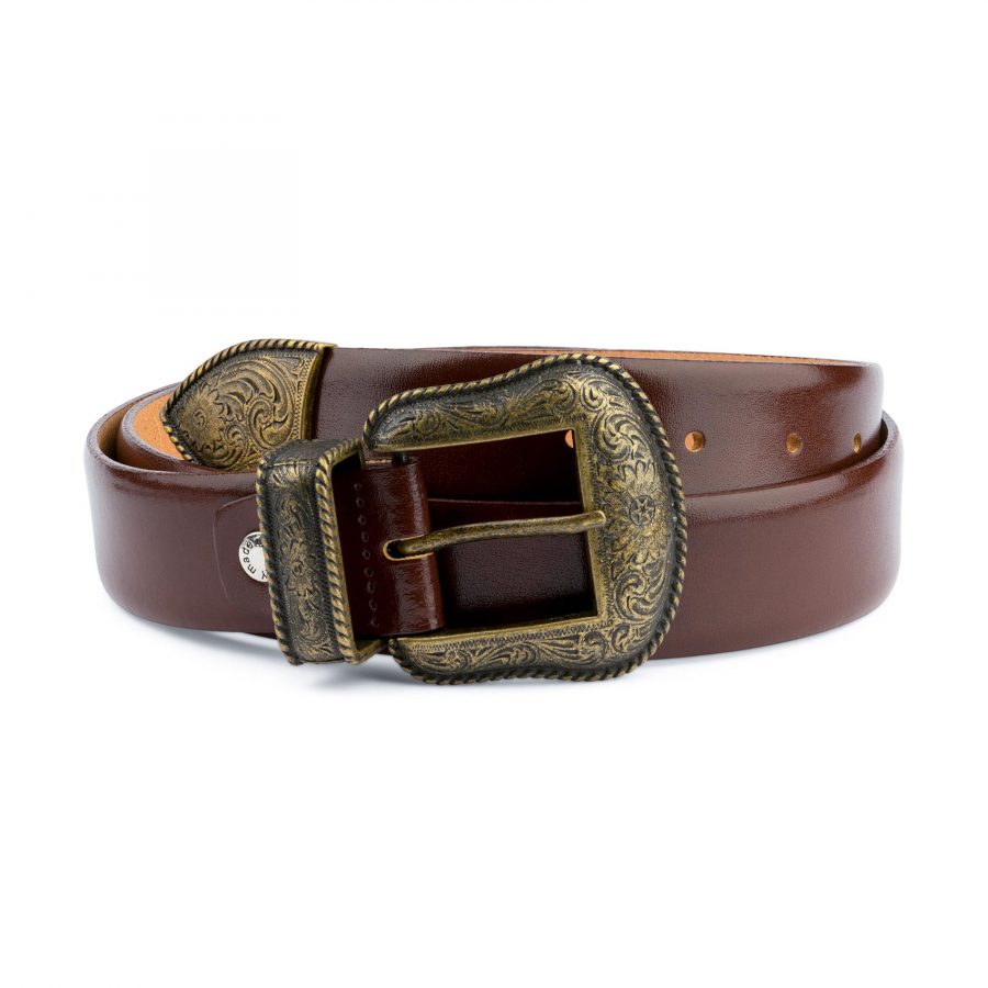 Cognac Leather Belt With Cowboy Bronze Buckle Capo Pelle