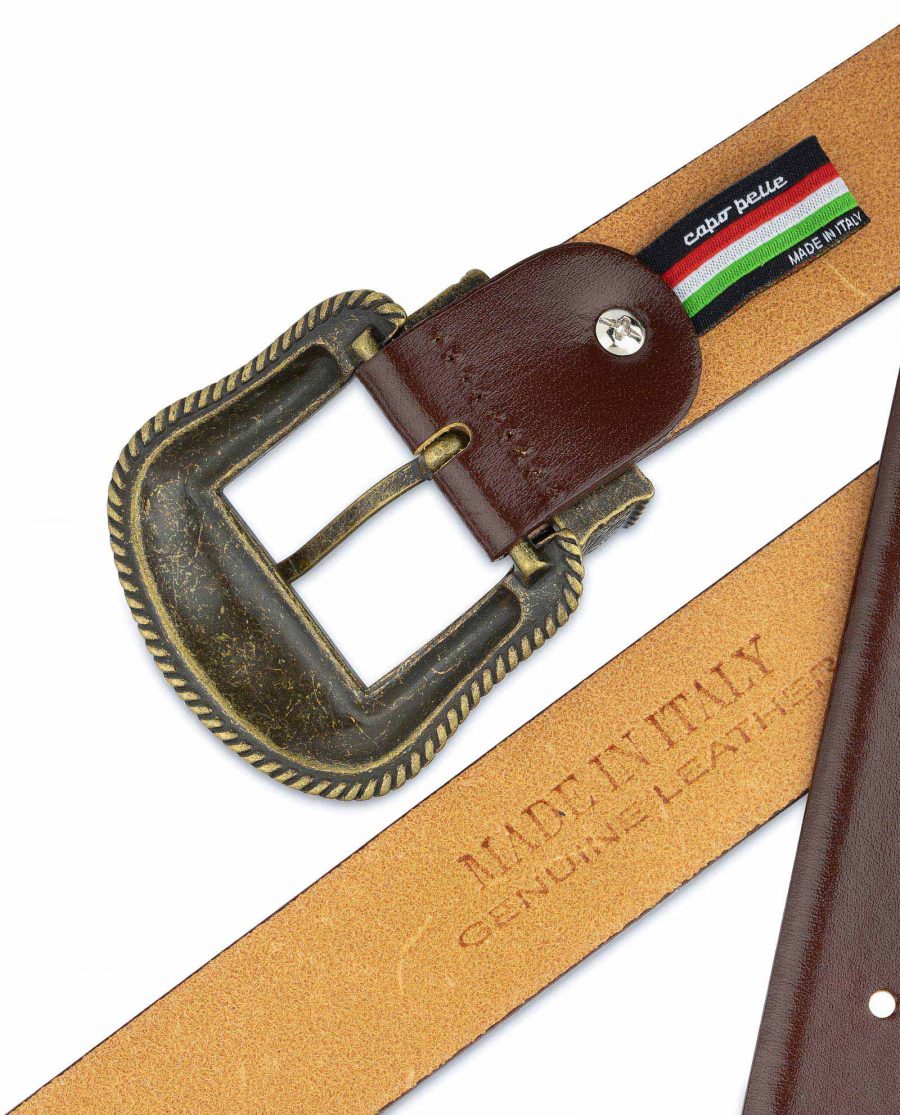 Cognac Leather Belt With Cowboy Bronze Buckle Made in Italy