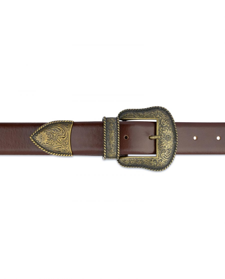 Cognac Leather Belt With Cowboy Bronze Buckle On jeans