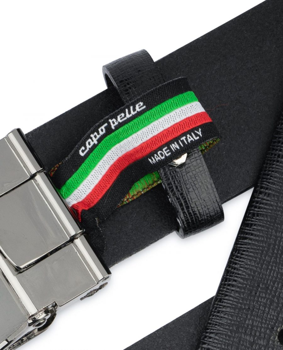 Mens Black Belt With Black Buckle Saffiano Leather Woven label