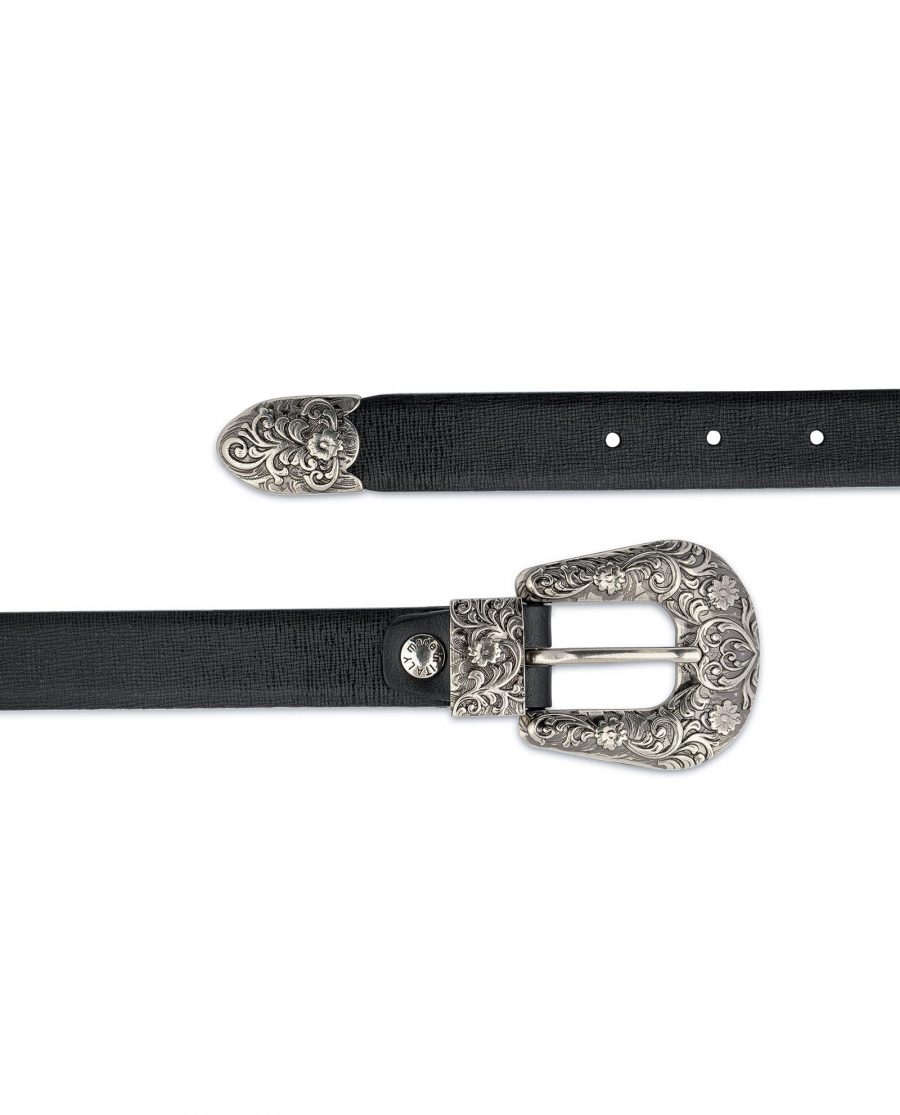 Western Belt For Women Black Saffiano Leather Antique silver