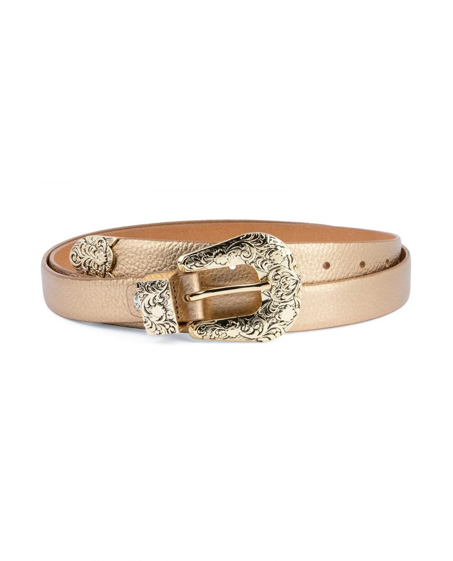 Western Rose Gold Belt With Gold Buckle Capo Pelle