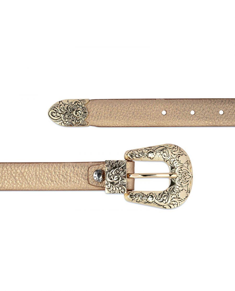Western Rose Gold Belt With Gold Buckle On jeans