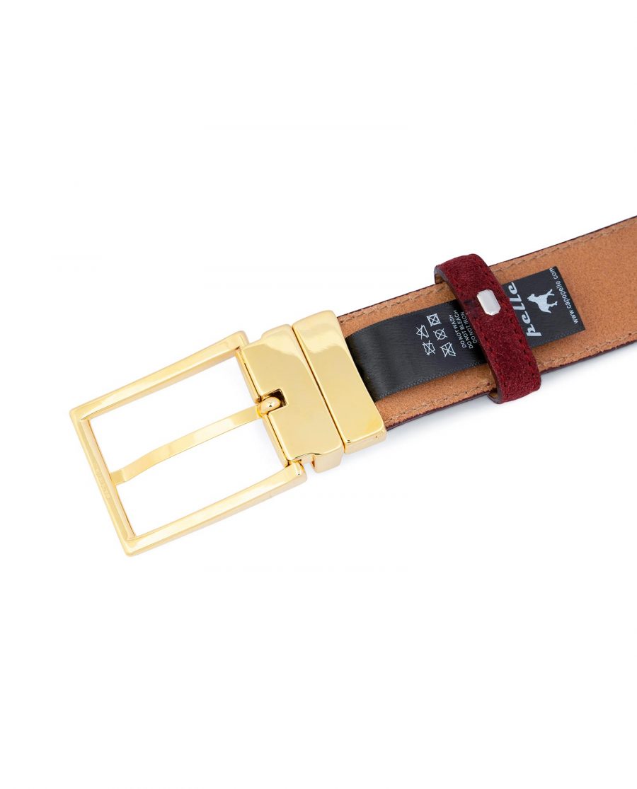 Burgundy Belt With Gold Buckle Suede Leather Italian