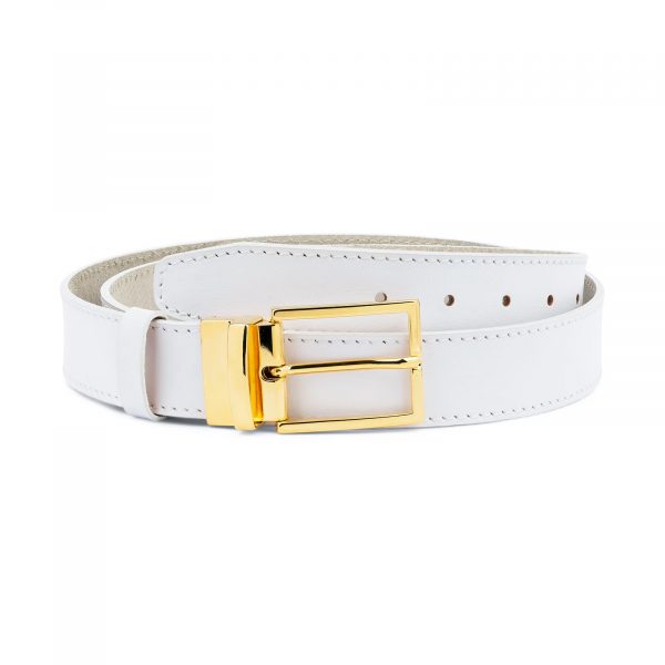 Mens White Belt With Gold Buckle Genuine Leather Capo Pelle