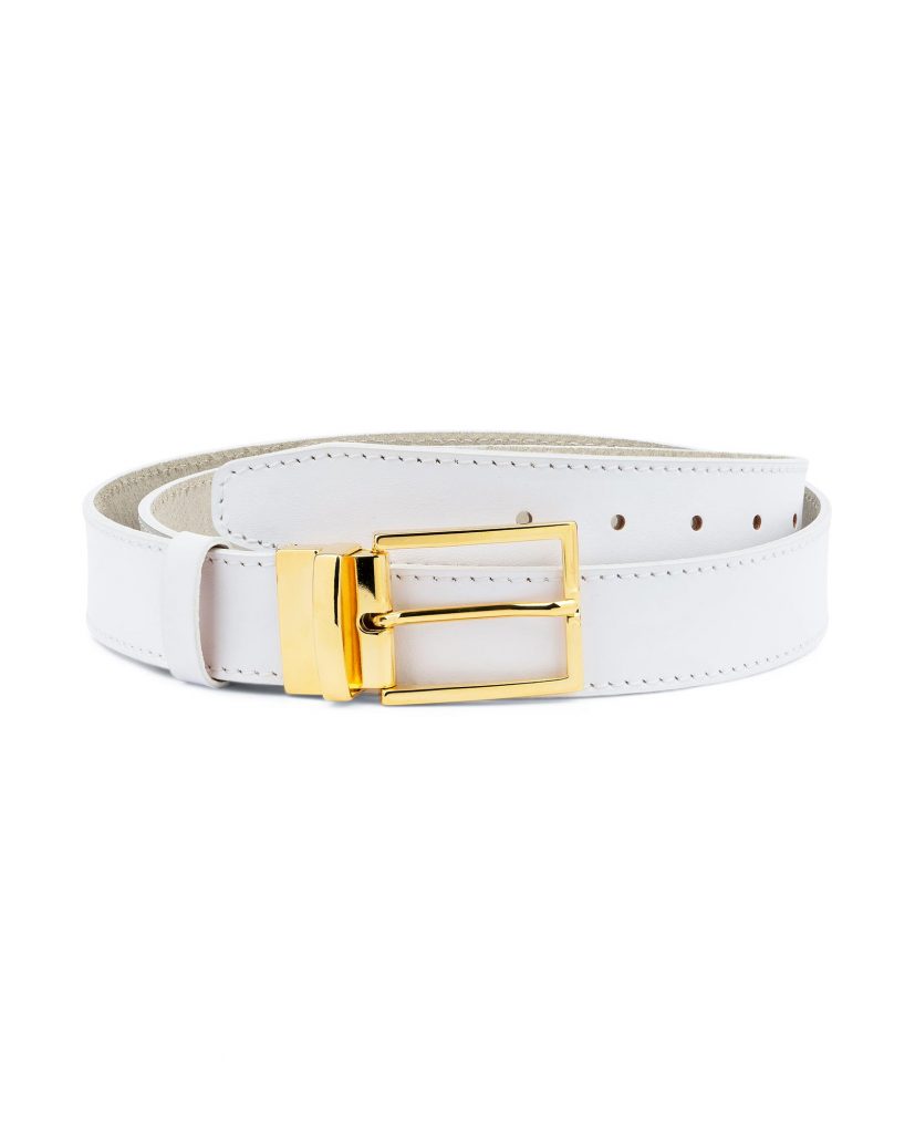 Buy Mens White Belt With Gold Buckle | Genuine Leather | Capo Pelle