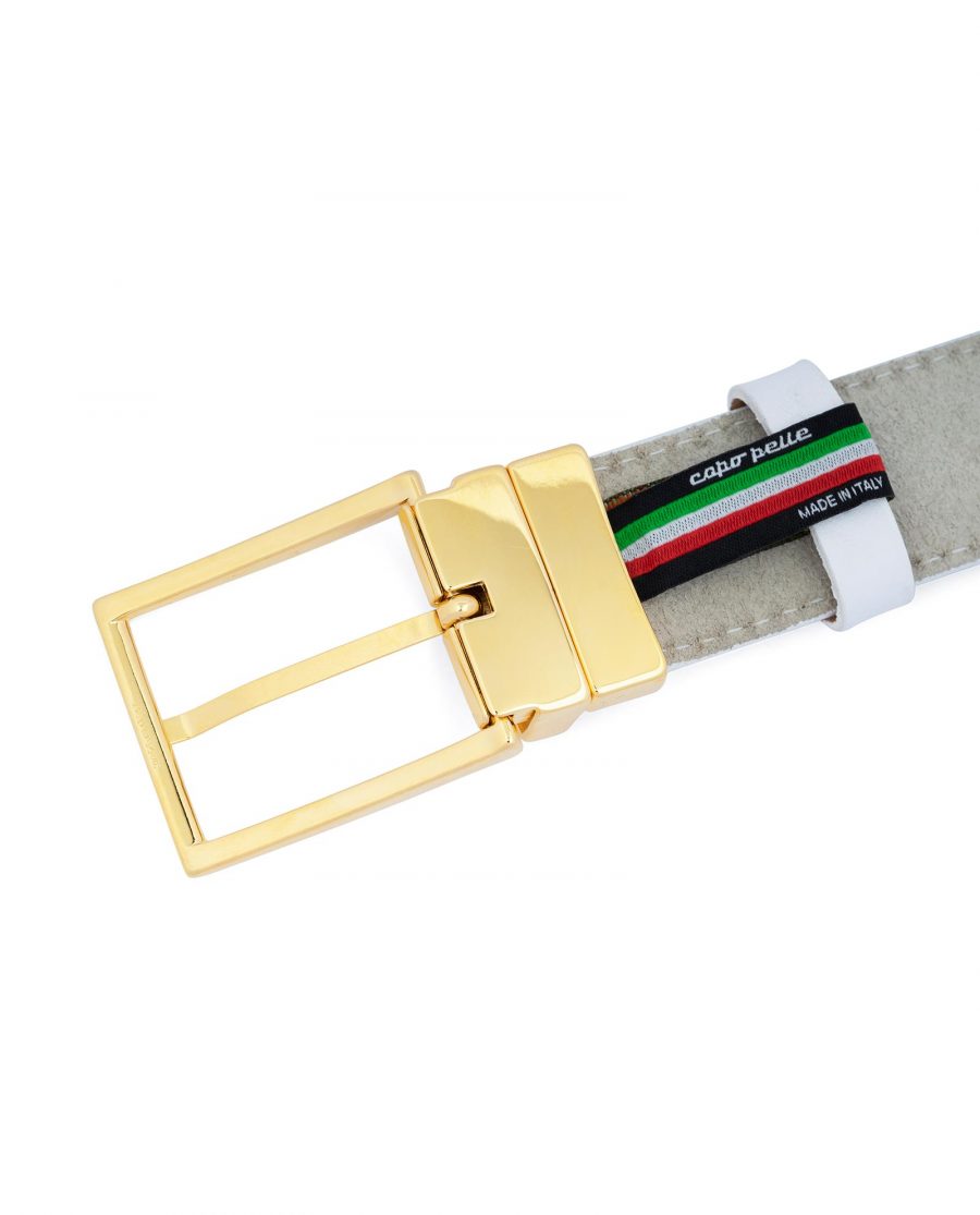Mens White Belt With Gold Buckle Genuine Leather Italian