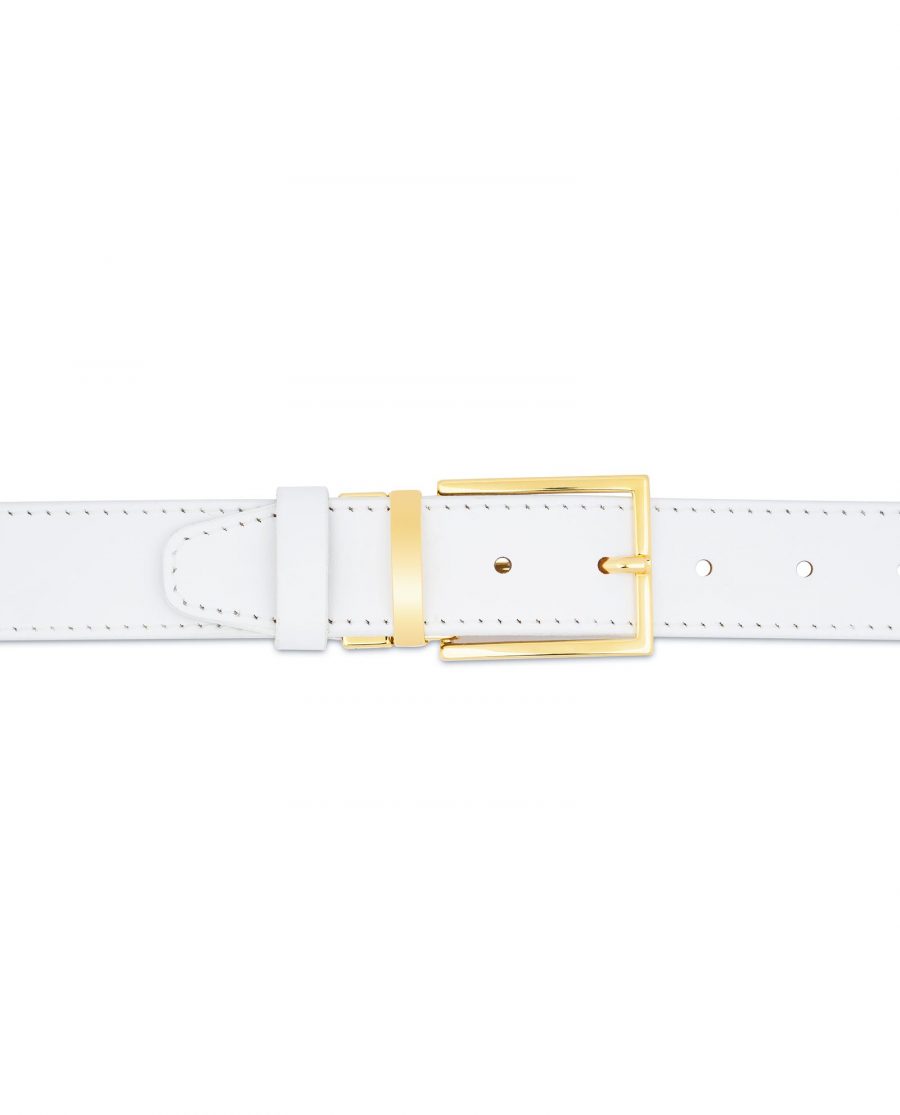 Mens White Belt With Gold Buckle Genuine Leather Wedding