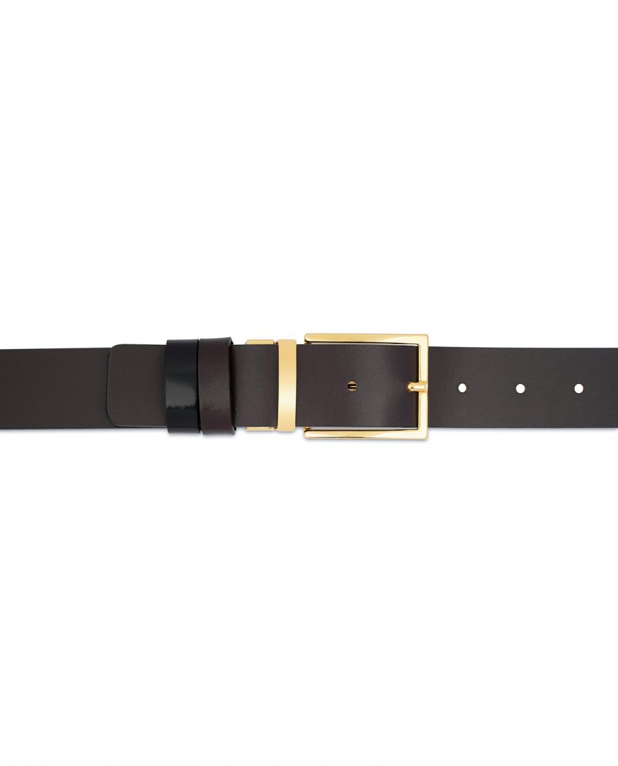 Patent Leather Belt With Gold Buckle Reversible For pants