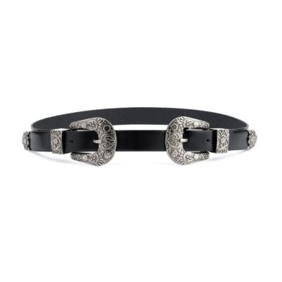 Western Double Buckle Belt For Women Black Leather Capo Pelle