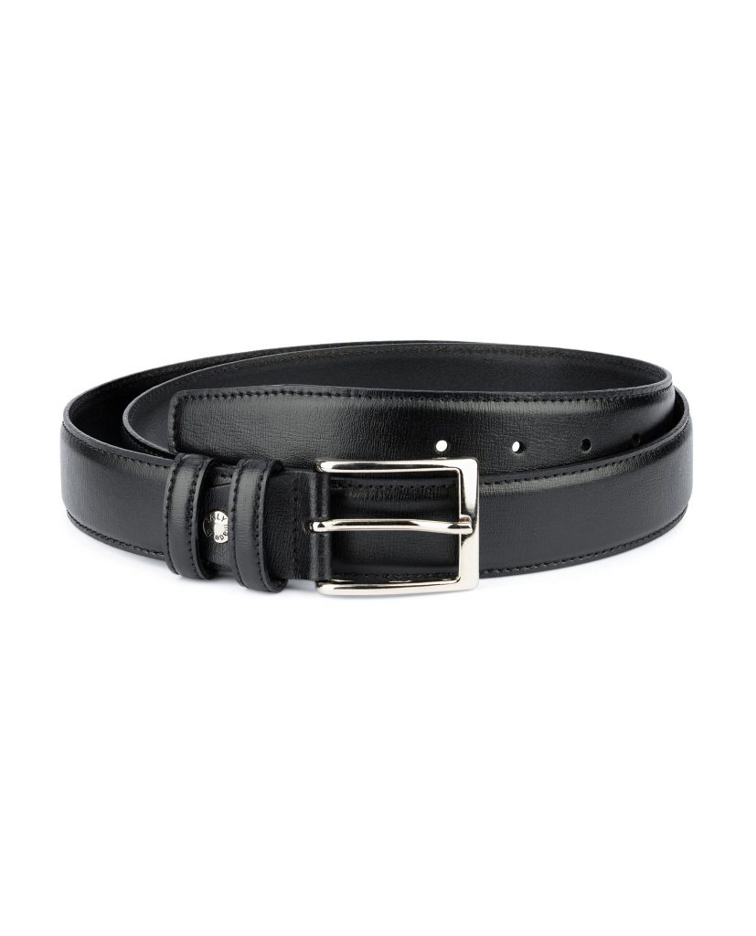 Mens Genuine Black Leather Belt  Silver Rectangle 2 Inch Wide