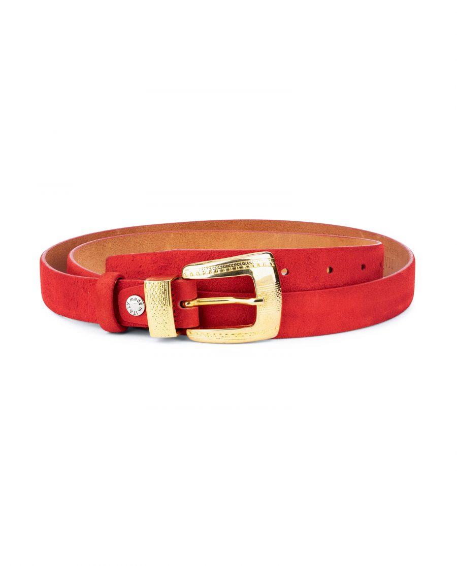 Ladies Red Suede Belt with Gold Buckle 1
