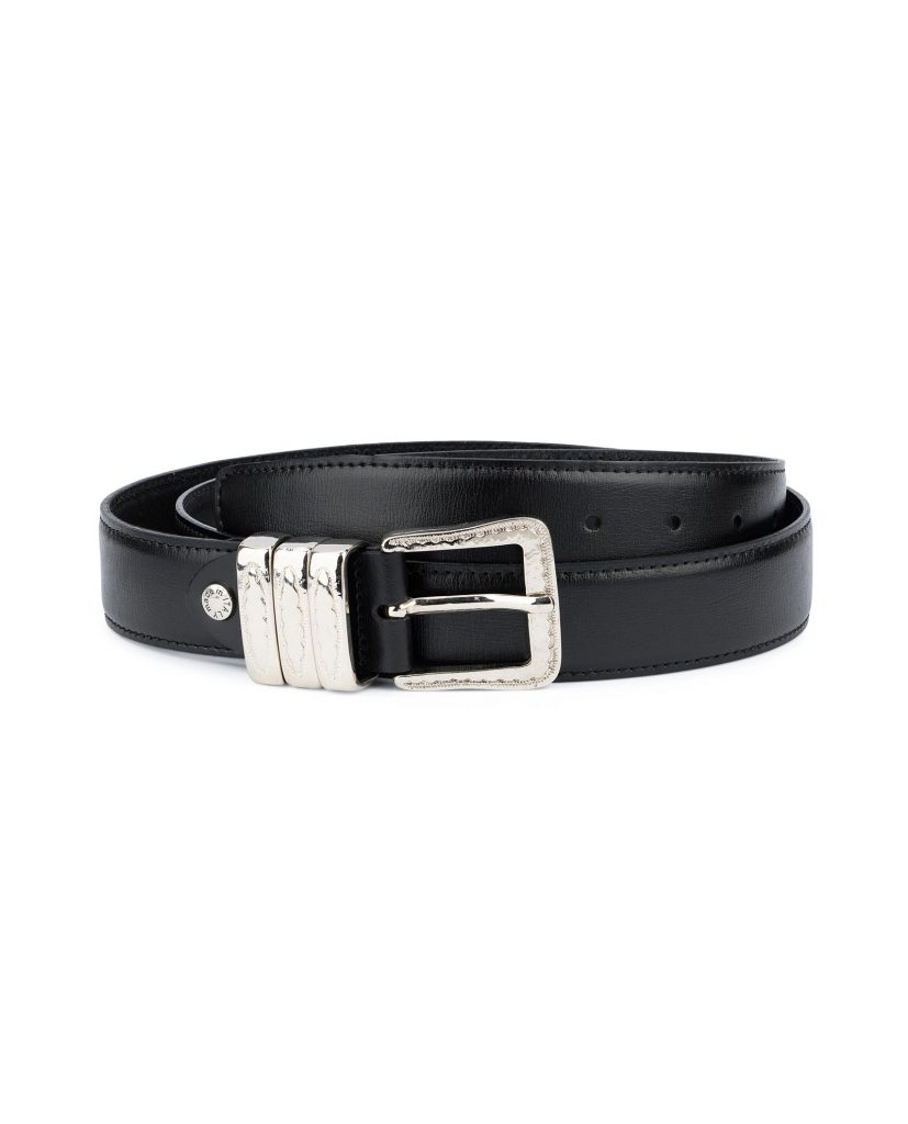 Black Full Grain Leather Belt with Antique Silver or Brass Belt Buckle